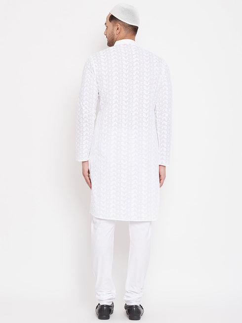 Vastramay Men's White Pure Cotton Chikankari Kurta Pant With Prayer Cap
