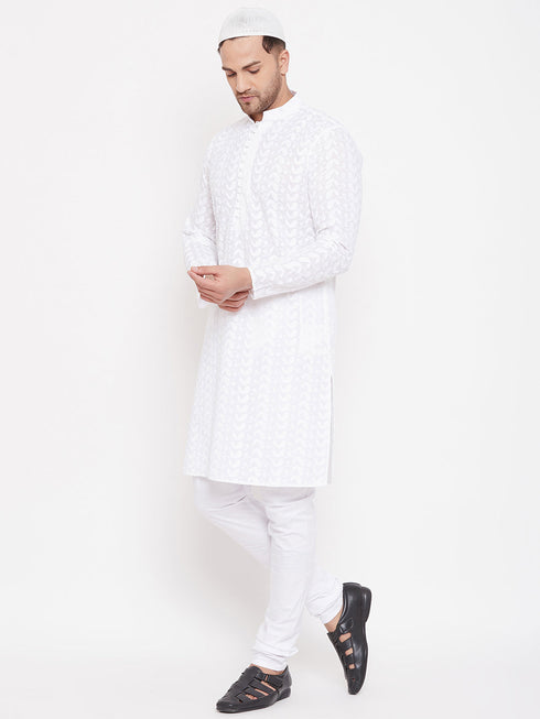 Vastramay Men's White Pure Cotton Chikankari Kurta Pant With Prayer Cap