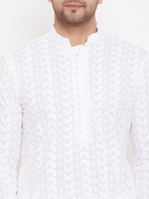 Vastramay Men's White Pure Cotton Chikankari Kurta Pant With Prayer Cap