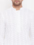 Vastramay Men's White Pure Cotton Chikankari Kurta Pant With Prayer Cap