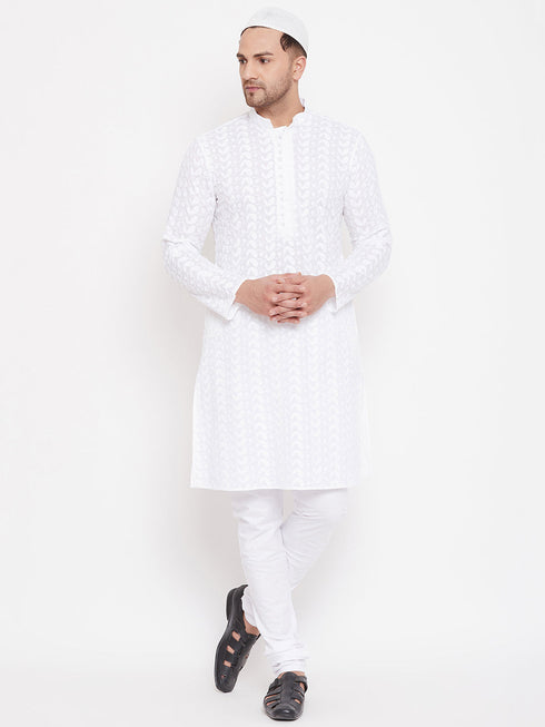 Vastramay Men's White Pure Cotton Chikankari Kurta Pant With Prayer Cap