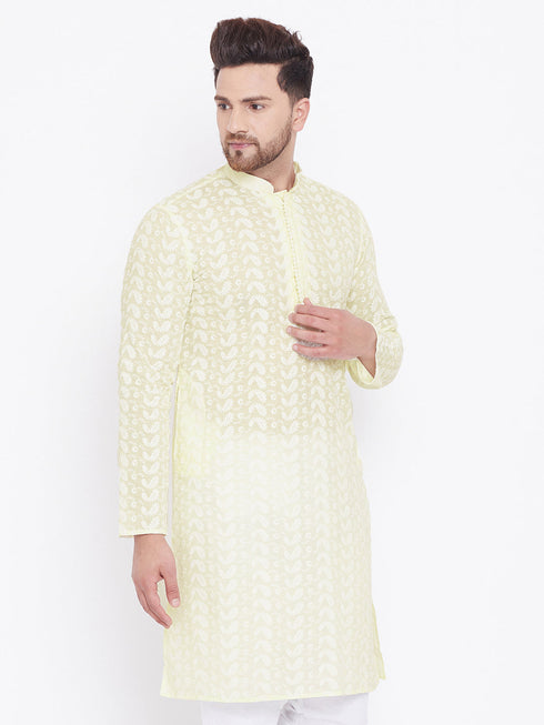 Vastramay Men's Yellow Pure Cotton Chikankari Kurta