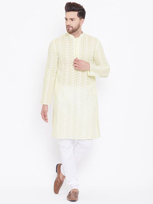 Vastramay Men's Yellow Pure Cotton Chikankari Kurta