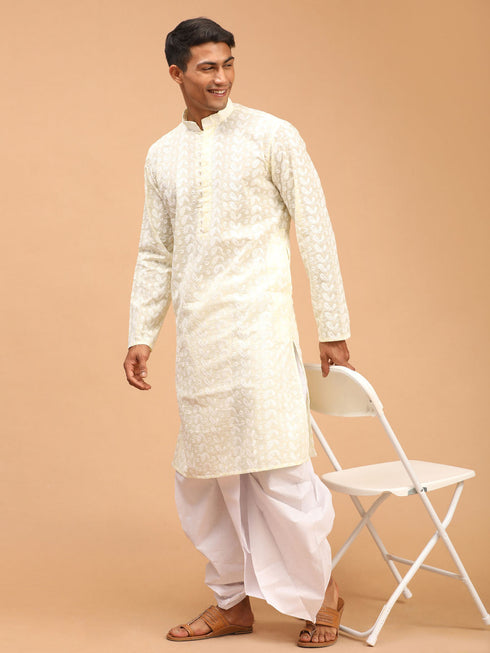 Vastramay Men's Yellow Pure Cotton Chikankari Kurta With Dhoti set