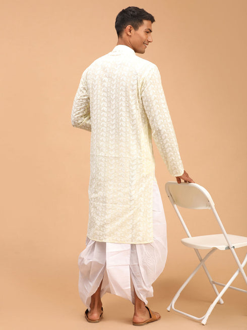 Vastramay Men's Yellow Pure Cotton Chikankari Kurta With Dhoti set