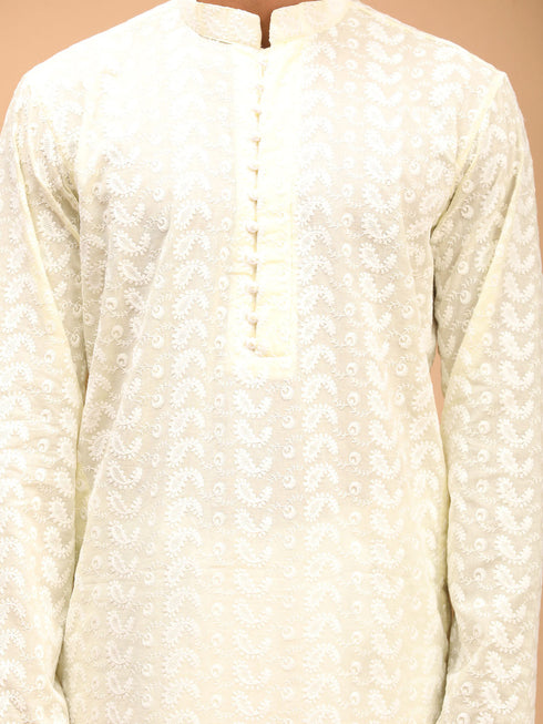 Vastramay Men's Yellow Pure Cotton Chikankari Kurta With Dhoti set