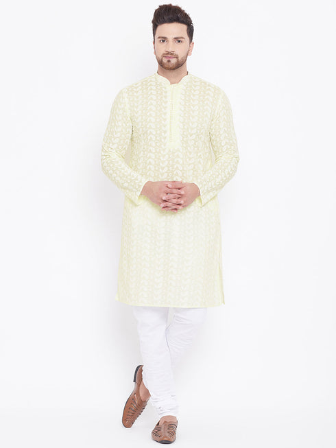 Vastramay Men's Yellow Pure Cotton Chikankari Kurta Pyjama Set