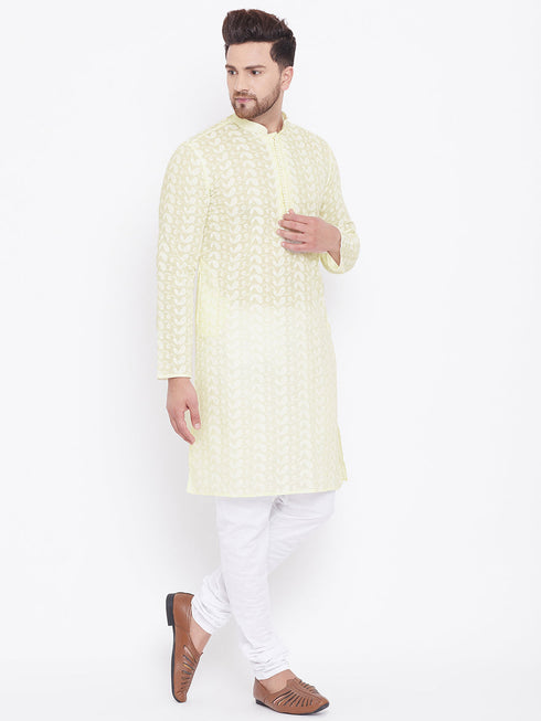 Vastramay Men's Yellow Pure Cotton Chikankari Kurta Pyjama Set