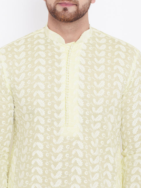 Vastramay Men's Yellow Pure Cotton Chikankari Kurta Pyjama Set