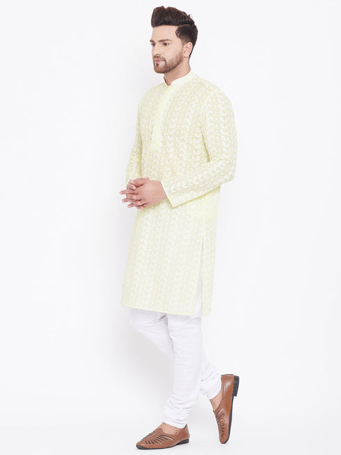 Vastramay Men's Yellow Pure Cotton Chikankari Kurta Pyjama Set