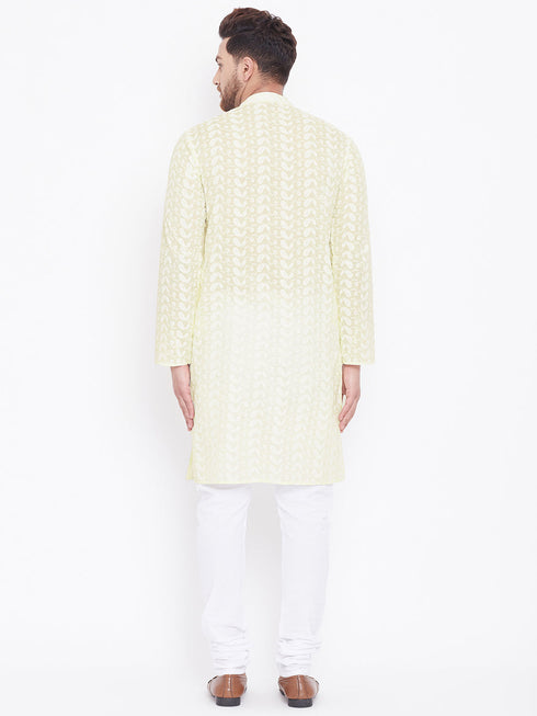 Vastramay Men's Yellow Pure Cotton Chikankari Kurta Pyjama Set