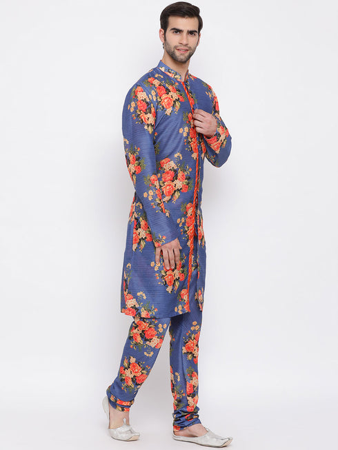 Vastramay Blue Floral Printed Kurta Pyjama Set With Leharia Border