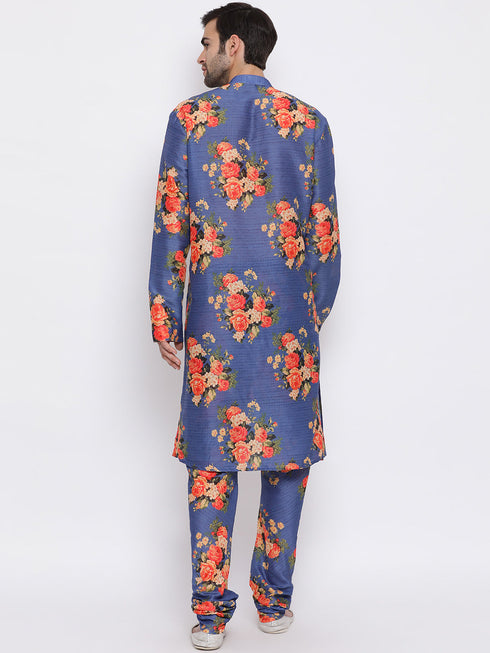 Vastramay Blue Floral Printed Kurta Pyjama Set With Leharia Border