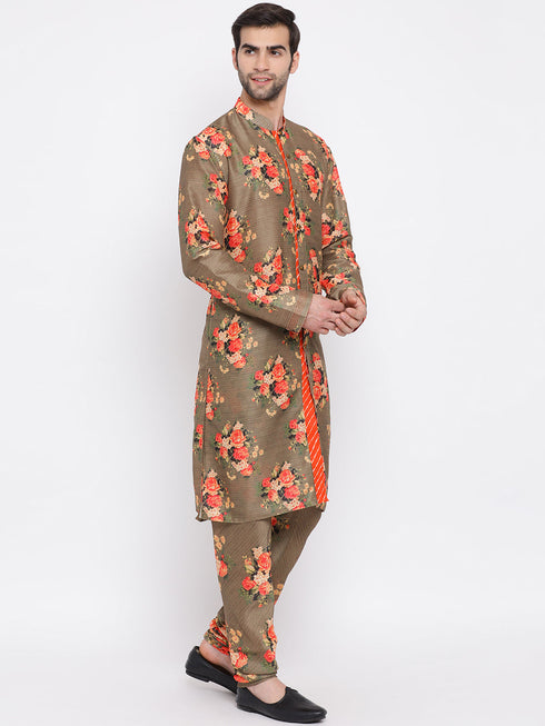 Vastramay Beige Floral Printed Kurta Pyjama Set With Leharia Border