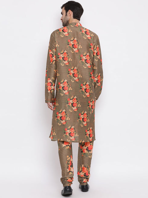 Vastramay Beige Floral Printed Kurta Pyjama Set With Leharia Border