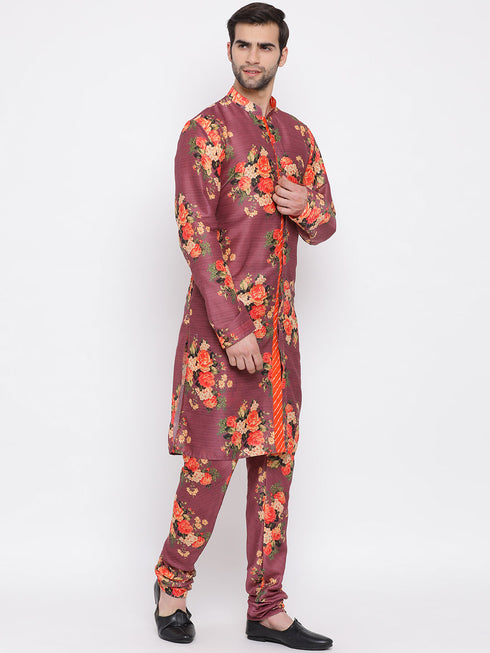 Vastramay Purple Floral Printed Kurta Pyjama Set With Leharia Border