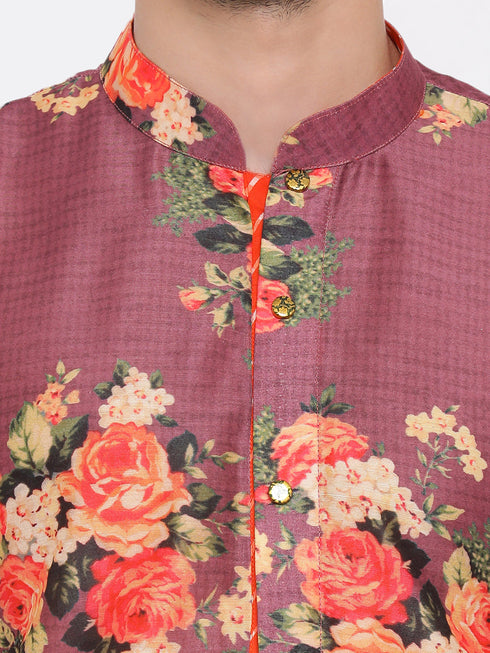 Vastramay Purple Floral Printed Kurta Pyjama Set With Leharia Border