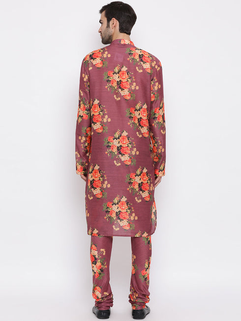 Vastramay Purple Floral Printed Kurta Pyjama Set With Leharia Border