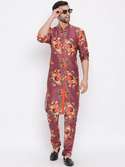 Vastramay Purple Floral Printed Kurta Pyjama Set With Leharia Border