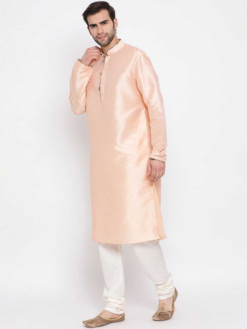 Vastramay Men's Peach Silk Kurta Pyjama Set
