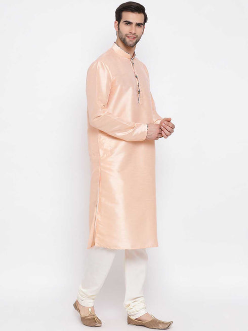 Vastramay Men's Peach Silk Kurta Pyjama Set