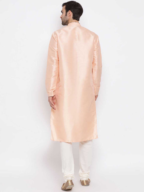 Vastramay Men's Peach Silk Kurta Pyjama Set