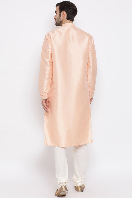 VASTRAMAY Peach Silk Kurta And Pyjama Baap Beta Set