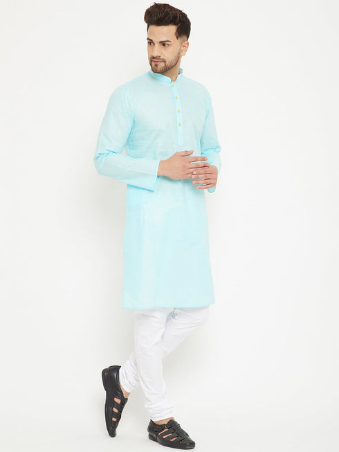 Vastramay Men's Aqua And White Cotton Kurta Churidar Set
