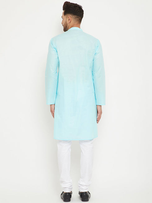 Vastramay Men's Aqua And White Cotton Kurta Churidar Set