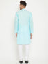 Vastramay Men's Aqua And White Cotton Kurta Churidar Set