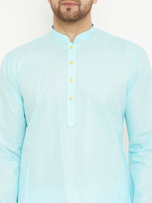 Vastramay Men's Aqua And White Cotton Kurta Churidar Set