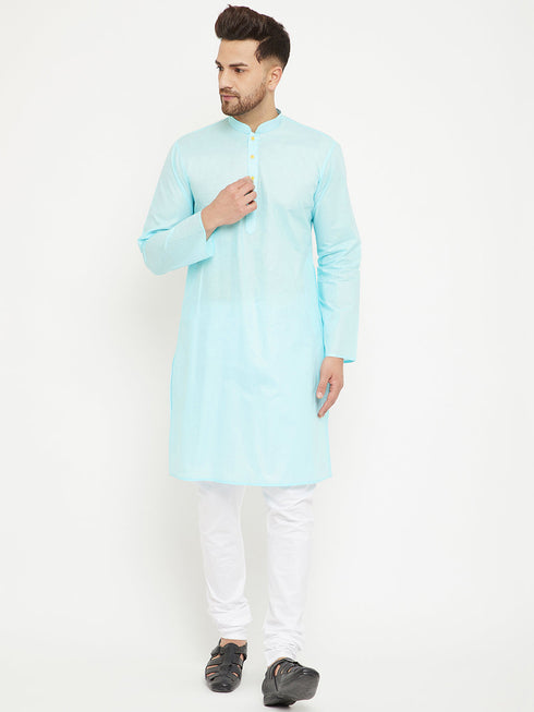 Vastramay Men's Aqua And White Cotton Kurta Churidar Set