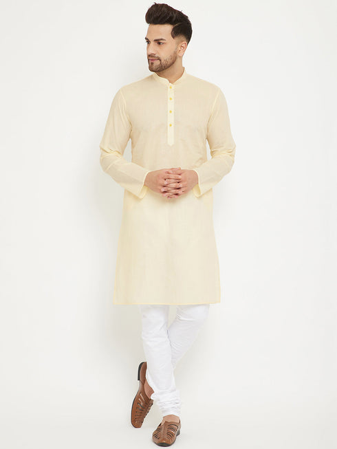 Vastramay Men's Cream And White Cotton Kurta Churidar Set