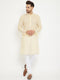 Vastramay Men's Cream And White Cotton Kurta Churidar Set