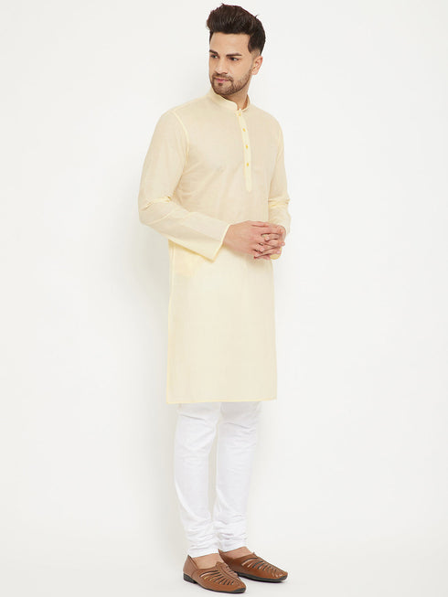 Vastramay Men's Cream And White Cotton Kurta Churidar Set