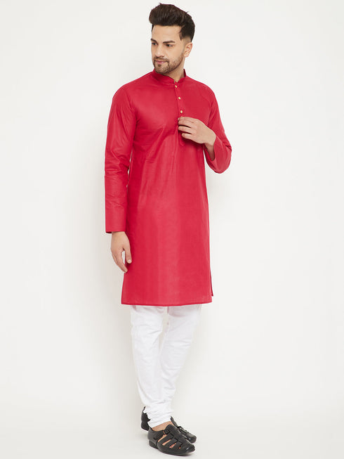 Vastramay Men's Red And White Cotton Kurta Churidar Set