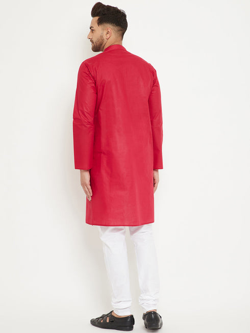 Vastramay Men's Red And White Cotton Kurta Churidar Set