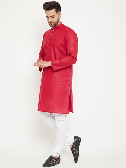 Vastramay Men's Red And White Cotton Kurta Churidar Set