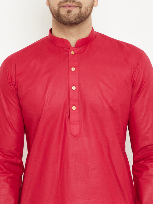 Vastramay Men's Red And White Cotton Kurta Churidar Set