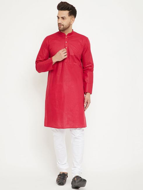 Vastramay Men's Red And White Cotton Kurta Churidar Set
