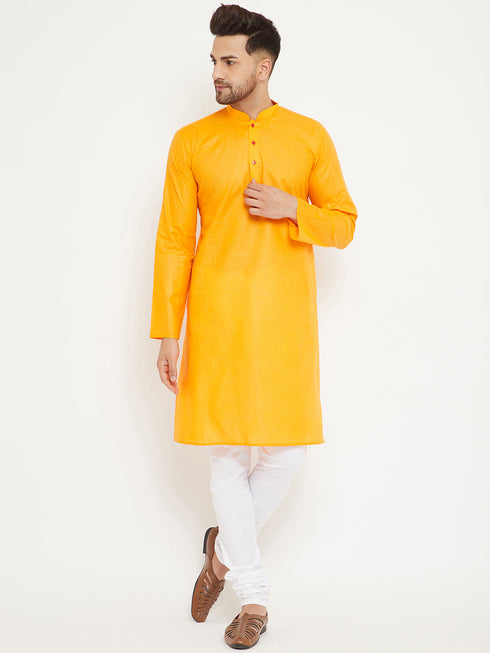 Vastramay Men's Orange And White Cotton Kurta Churidar Set