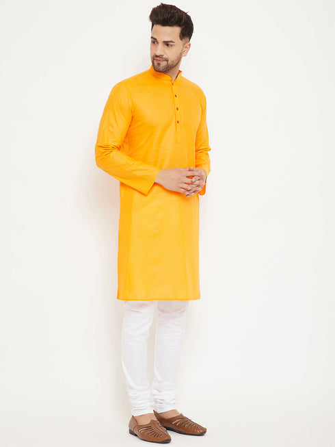 Vastramay Men's Orange And White Cotton Kurta Churidar Set