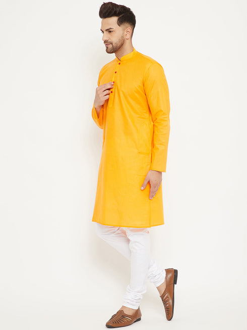 Vastramay Men's Orange And White Cotton Kurta Churidar Set