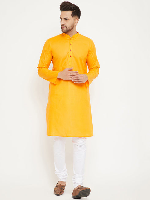 Vastramay Men's Orange And White Cotton Kurta Churidar Set