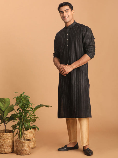 Vastramay Men's Black Striped Kurta And Rose Gold Pant Set
