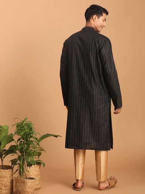 Vastramay Men's Black Striped Kurta And Rose Gold Pant Set