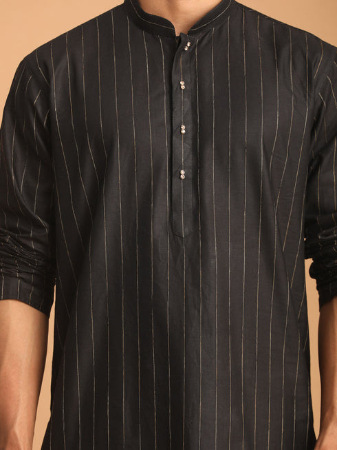 Vastramay Men's Black Striped Kurta And Rose Gold Pant Set