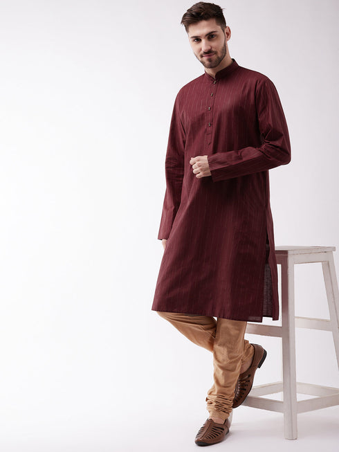 Vastramay Men's Maroon And Rose Gold Cotton Blend Kurta Pyjama Set
