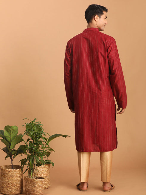 Vastramay Men's Maroon Striped Kurta And Rose Gold Pant Set