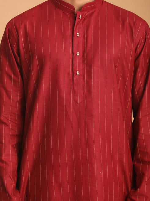 Vastramay Men's Maroon Striped Kurta And Rose Gold Pant Set